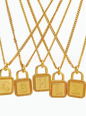 通体s925纯银方形小锁定制字母项链18k金厚镀锁头项链