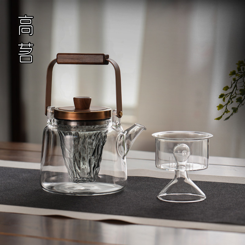 日式观山玻璃煮茶壶耐高温u蒸煮双滤网两用煮茶器电陶炉提梁壶大