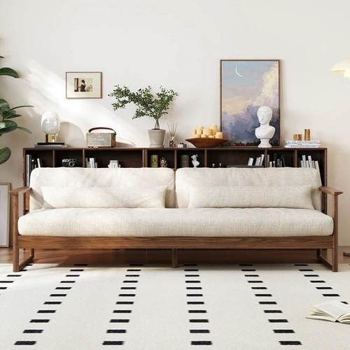 胡桃色新中式实木沙发小户型客厅现代简约直排可拆洗北欧布艺沙发