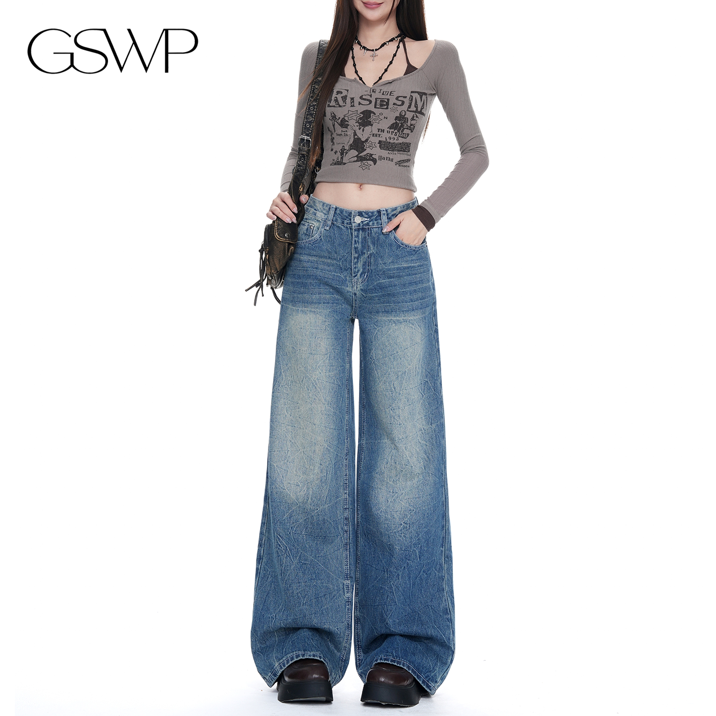 GSWP复古水洗蓝阔腿牛仔裤女高腰显瘦宽松百搭牛仔裤