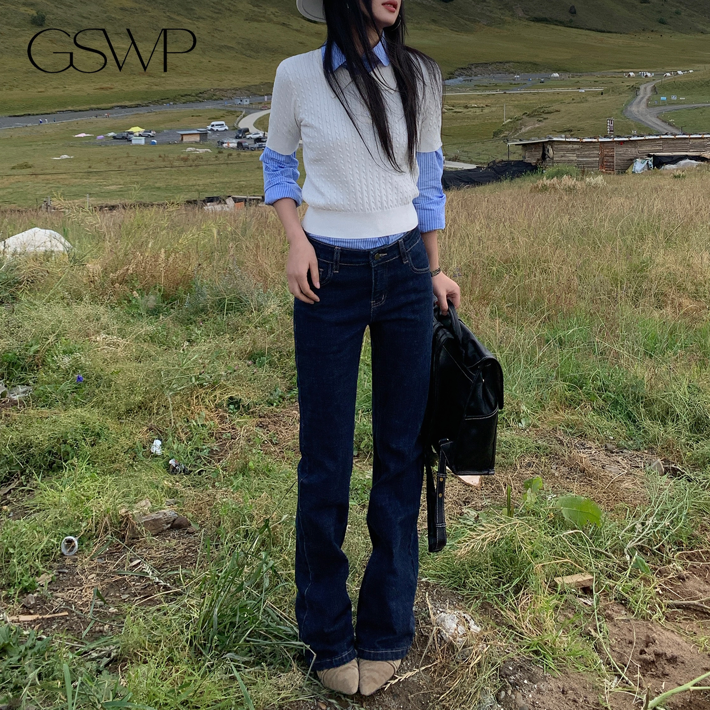 GSWP低腰微喇牛仔裤女修身显瘦蓝色微弹紧身喇叭牛仔裤女