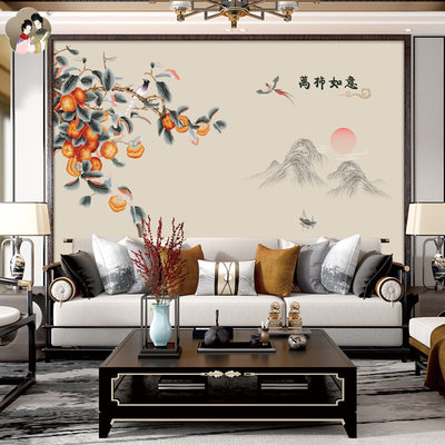 中式卧室床头刺绣独秀墙布柿子万事如意客厅餐厅沙发电视背景壁布