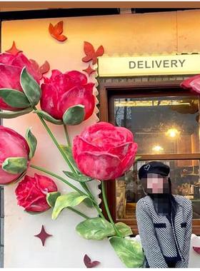 大型仿真玫瑰花玻璃钢雕塑橱窗摆件公园商场装饰婚礼店铺花艺装饰