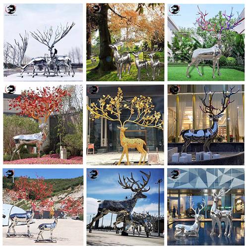 不锈钢鹿雕塑镂空镜面铁艺发光几何鹿玻璃钢招财福鹿大型户外摆件