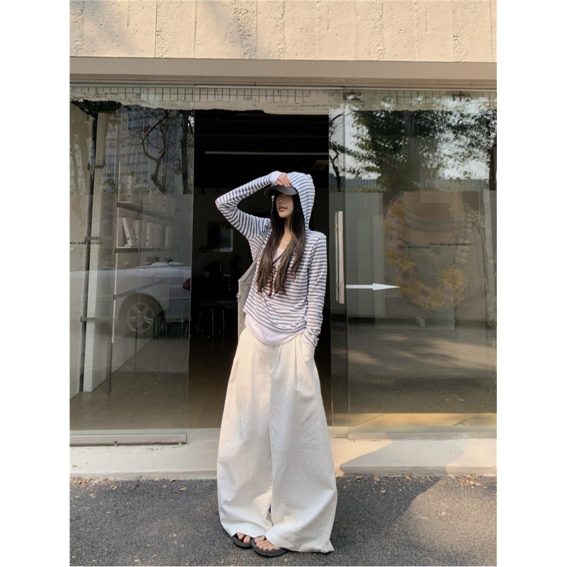 韩系休闲套装女蓝色条纹假两件连帽T恤夏季宽松白色阔腿裤两件套