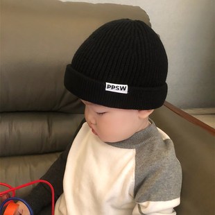 儿童婴幼儿宝宝秋冬季 新款 卷边瓜皮帽男女童字母针织毛线帽