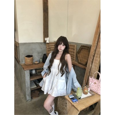 韩系套装白色吊带连衣裙女夏季长袖宽松条纹衬衫外套慵懒风两件套