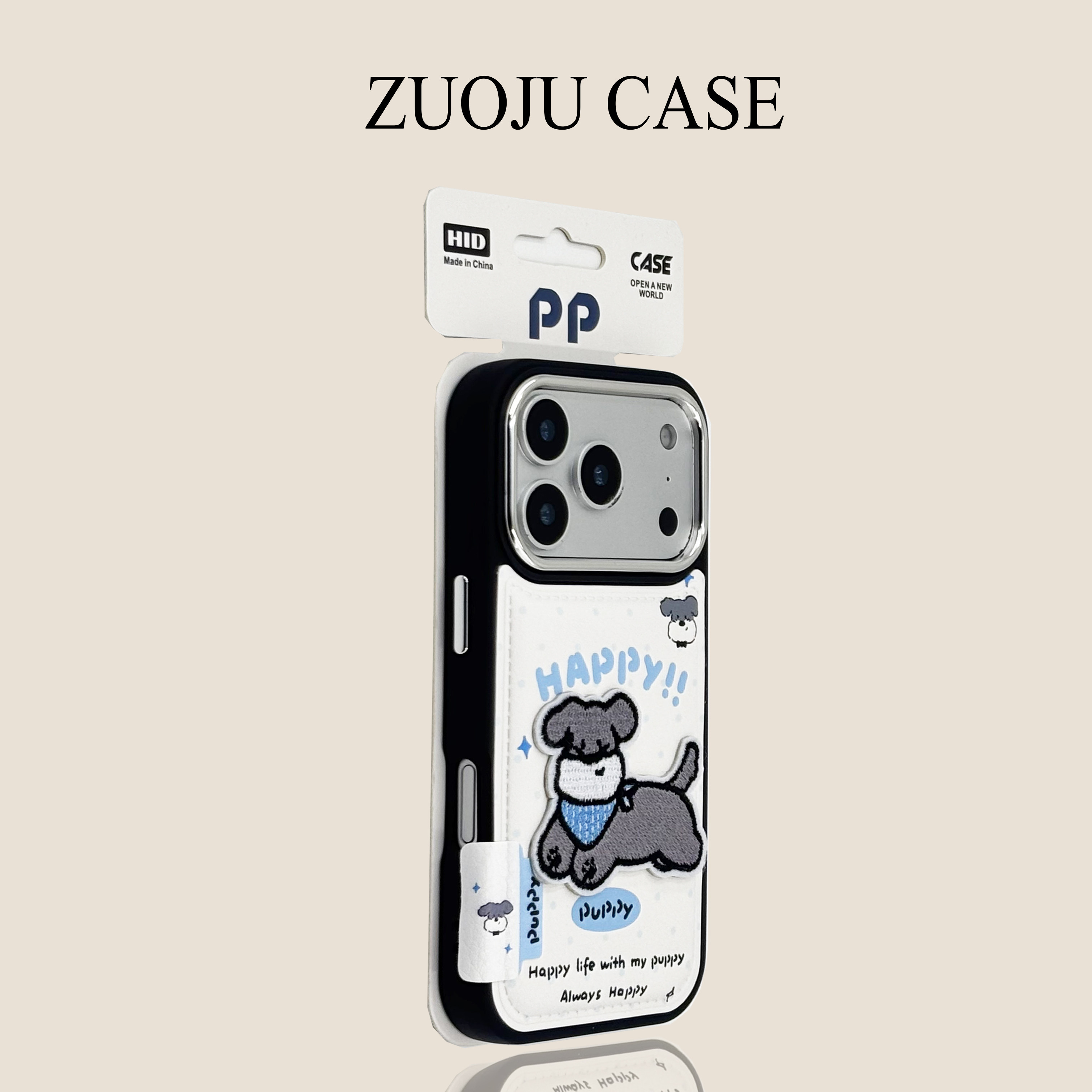 黑皮纹白底刺绣蓝围兜小狗苹果17手机壳新款iphone17promax全包苹果16ProMax小众苹果15pro防摔女14p保护套