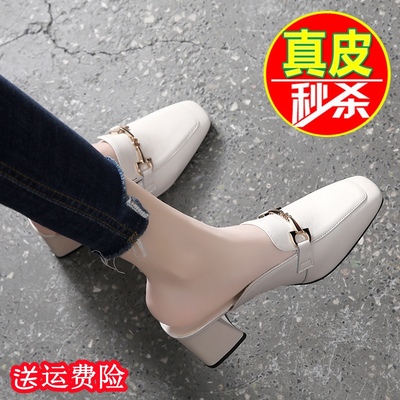 清仓断码真皮包头半拖鞋外穿2025夏百搭穆勒女鞋中粗跟软底凉拖