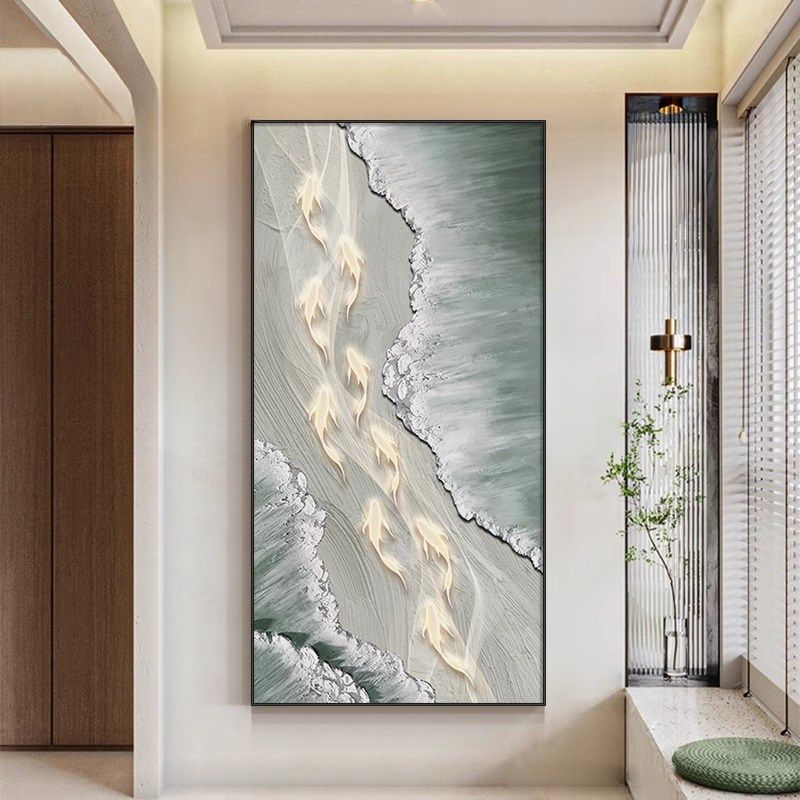 九鱼图海景画玄关装m饰画高级感正对门墙客厅挂Q画入户走廊过道壁,家居饰品,现代装饰画,淘宝优惠券,粉丝福利购,淘宝优惠卷