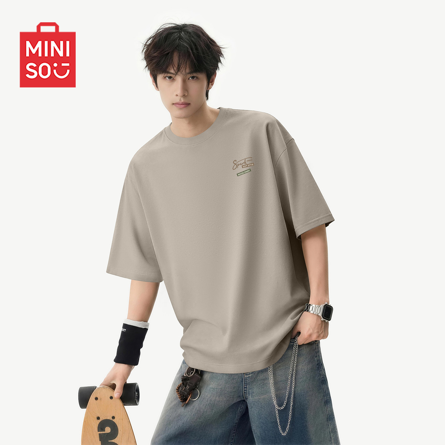 MINISO/名创优品纯棉短袖T恤男夏季青少年重磅圆领打底运动半袖Y