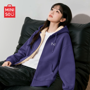 名创优品冬季外套女款高级感2026新款加厚外搭连帽衫羊羔绒卫衣D