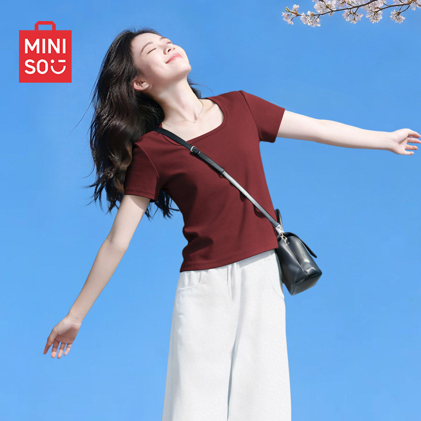 名创优品u领t恤女2026新款女装夏季短款收腰上衣大领口正肩短袖D