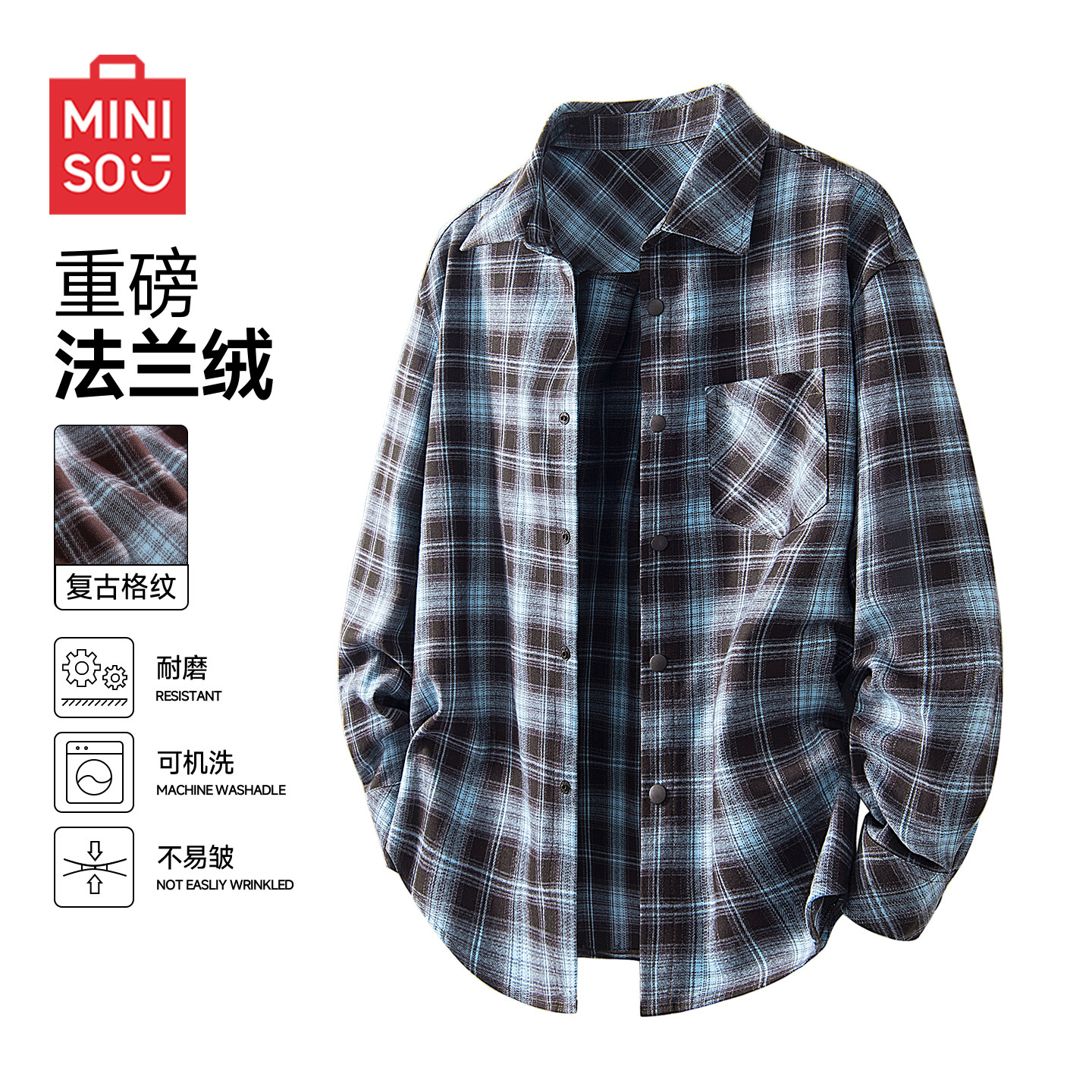 【美式复古格子古巴领长袖衬衫】图片