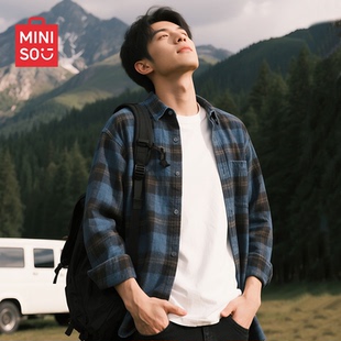 chic长袖 美式 衬衣法兰绒磨毛古巴领外套Y 男秋季 名创优品格子衬衫