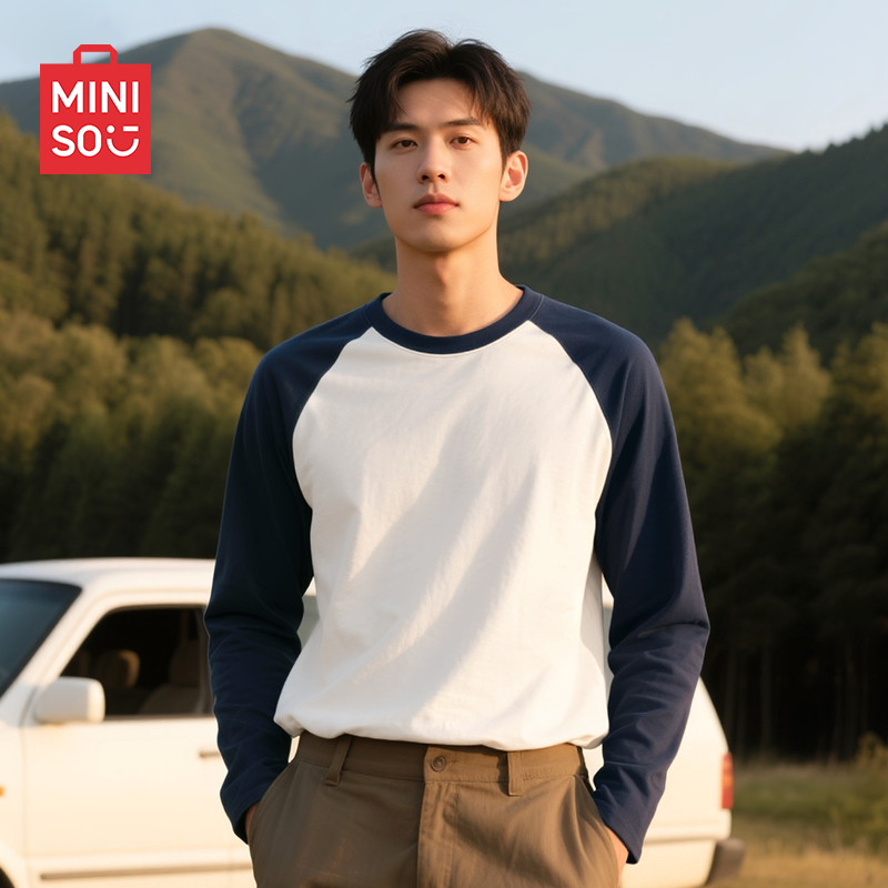 MINISO/名创优品长袖男款春季港风复古撞色设计感小众纯棉t恤