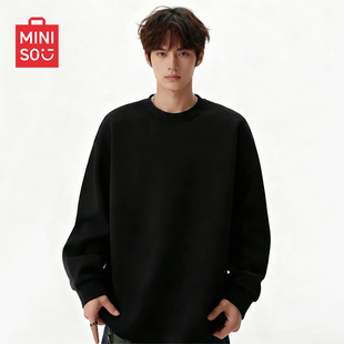重磅无帽外套Y 内搭上衣基础套头衫 名创优品黑色圆领卫衣男款 春季
