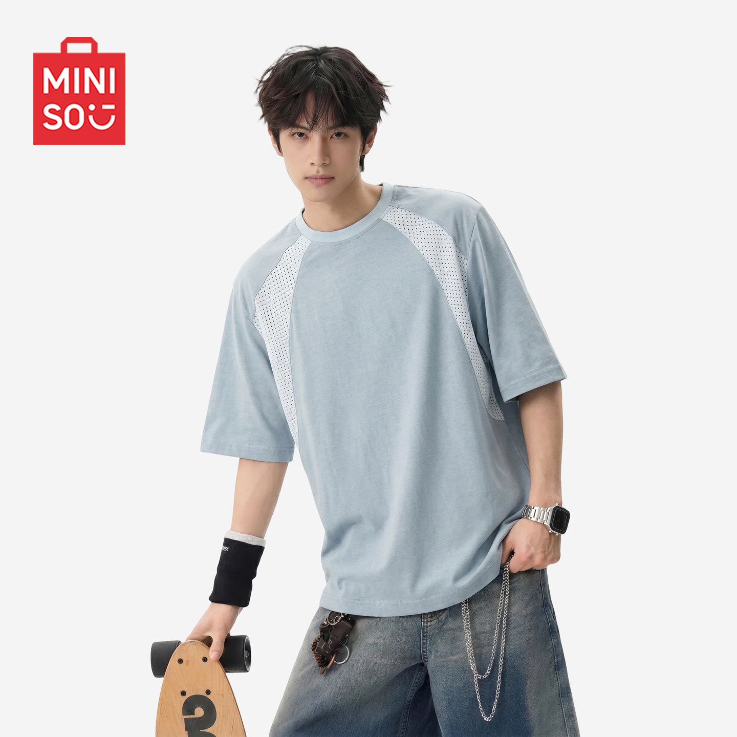 MINISO/名创优品撞色拼接透气网眼短袖T恤男夏季休闲运动上衣薄Y