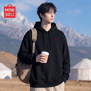 MINISO/名创优品黑色连帽卫衣男款秋季美式休闲高级感重磅套头衫Y
