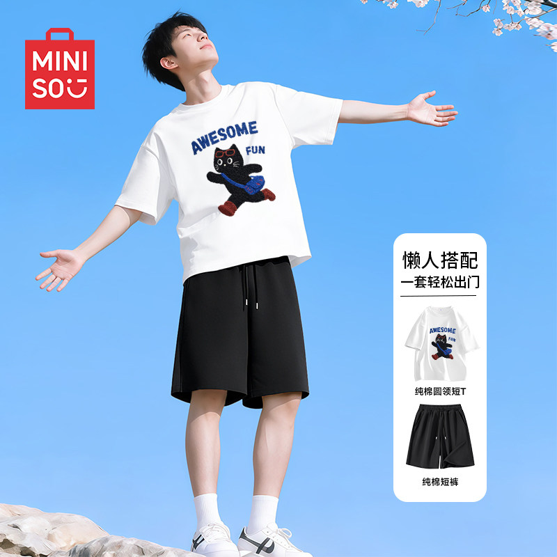 名创优品运动服男套装夏装可爱小猫青少年跑步透气t恤短裤两件套A