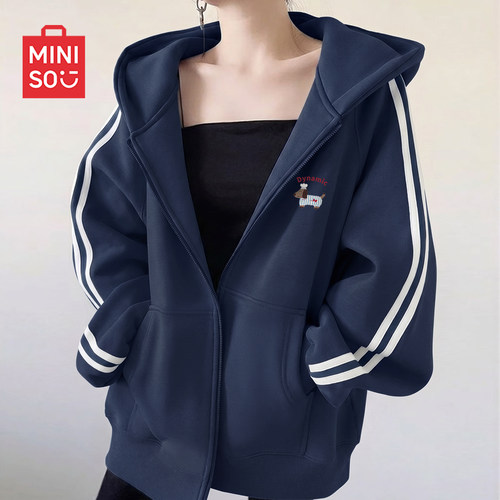 名创优品秋季外套女拼条开衫卫衣