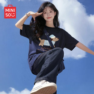 名创优品藏青色t恤女2026新款 上衣D 夏天纯棉体恤学生漂亮独特短袖