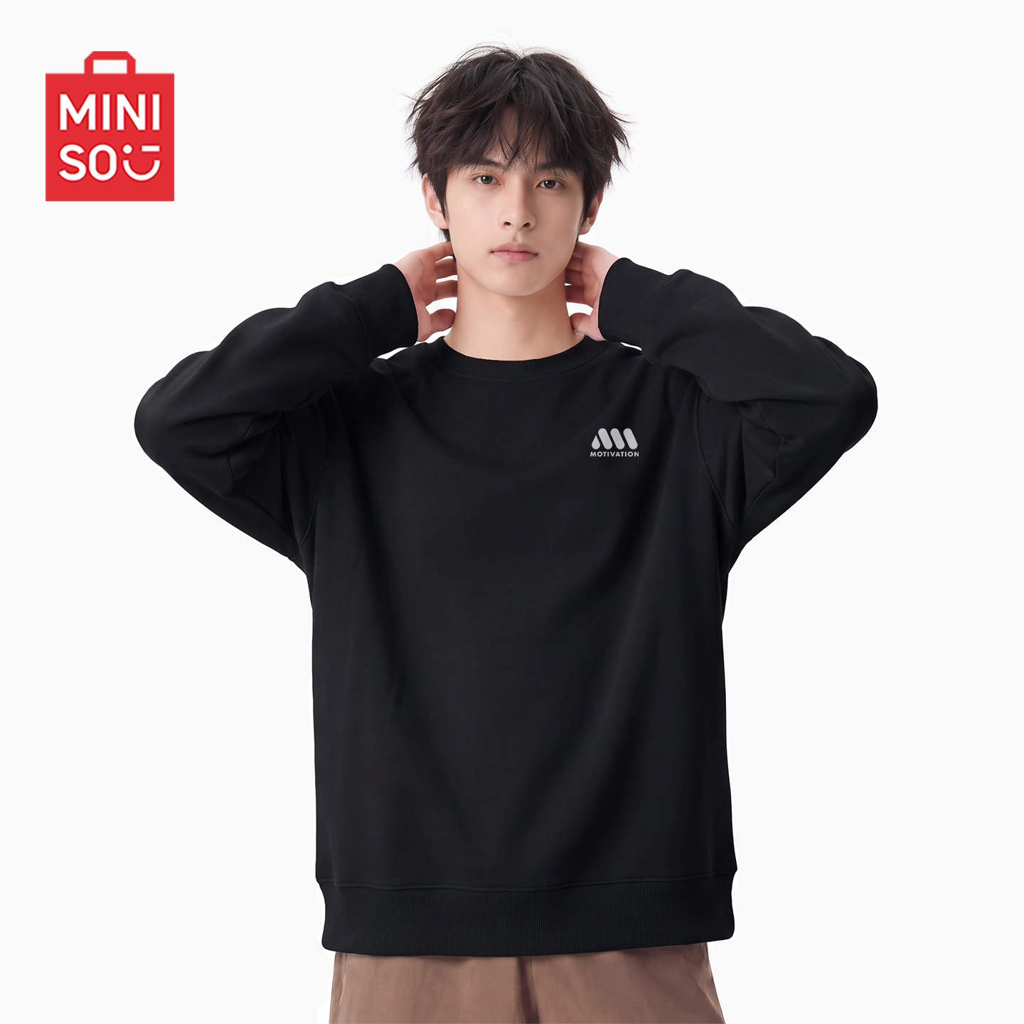MINISO/名创优品黑色圆领卫衣男款秋冬季美式休闲加绒运动套头衫Y