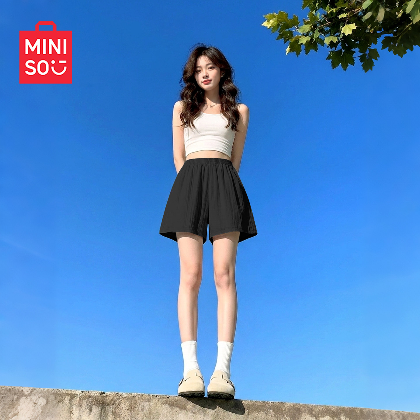 MINISO/名创优品黑色短裤女夏2026新款山本裤小个子a字版五分裤J - 实物图