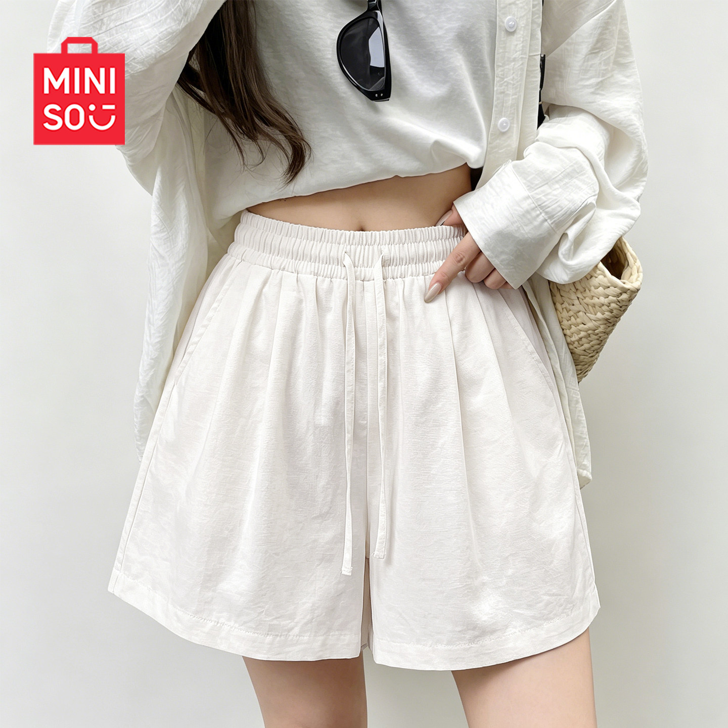 MINISO/名创优品白色短裤女夏季2026新款宽松外穿休闲运动五分裤J