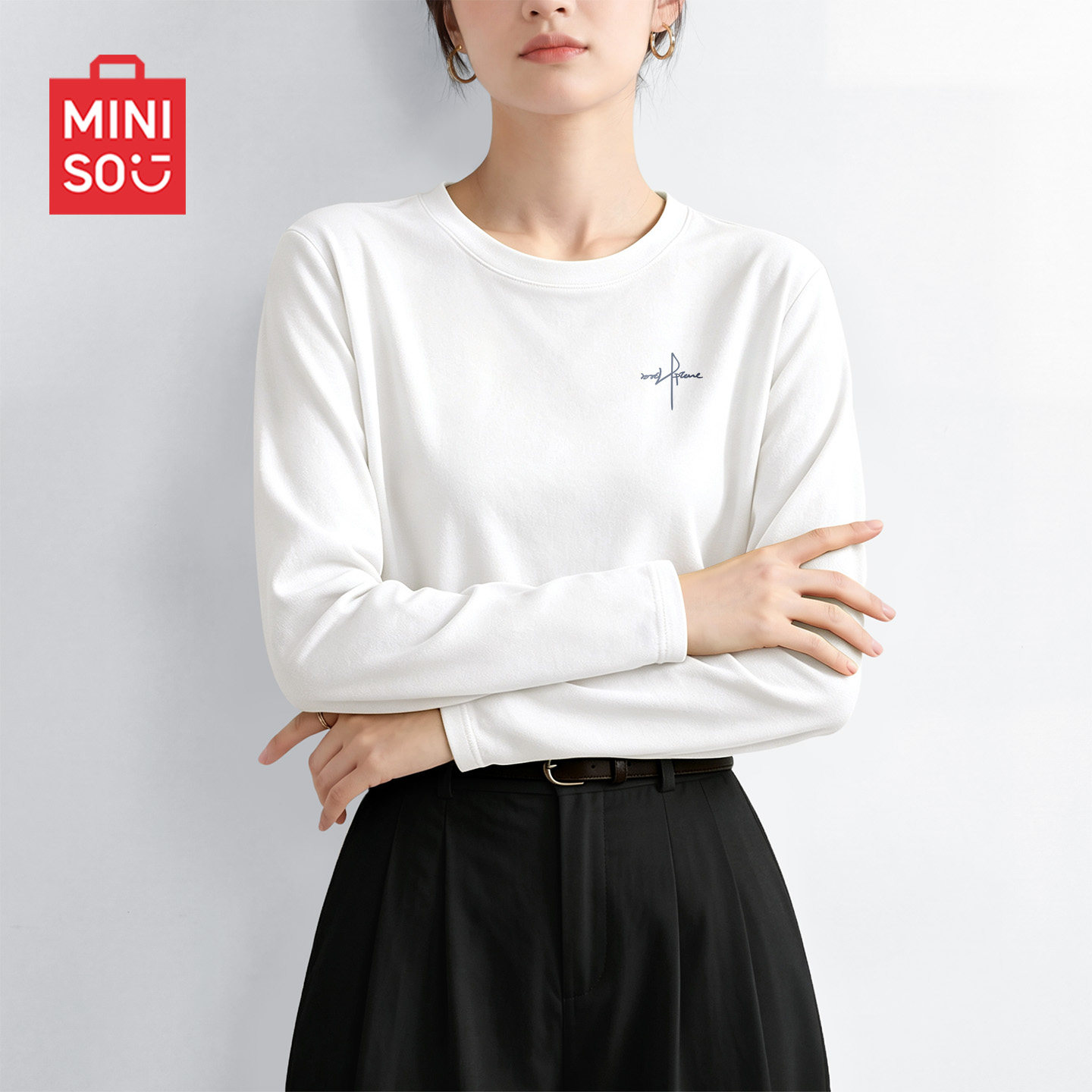 名创优品白色t恤女2026新款秋季穿搭纯棉体恤衫大码胖mm长袖上衣D