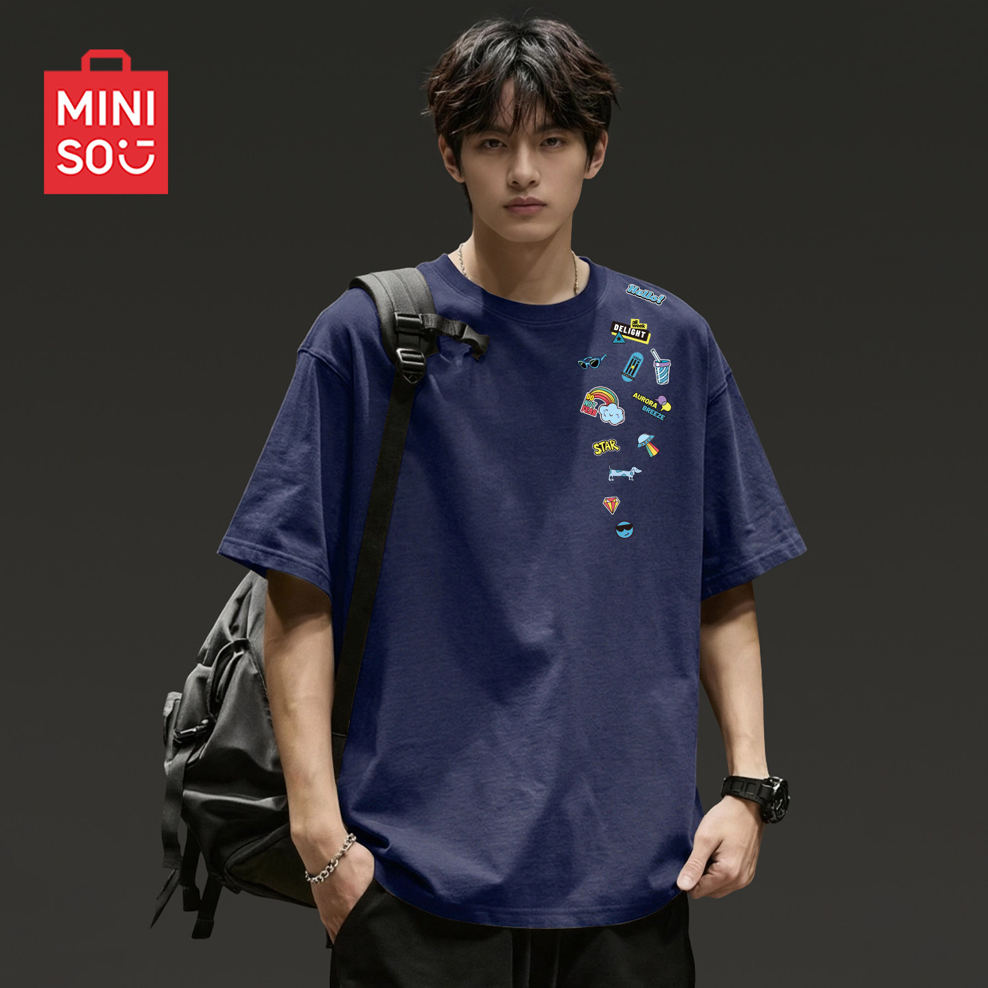 MINISO/名创优品纯棉短袖t恤男夏季高级感美式宽松圆领重磅半袖Y