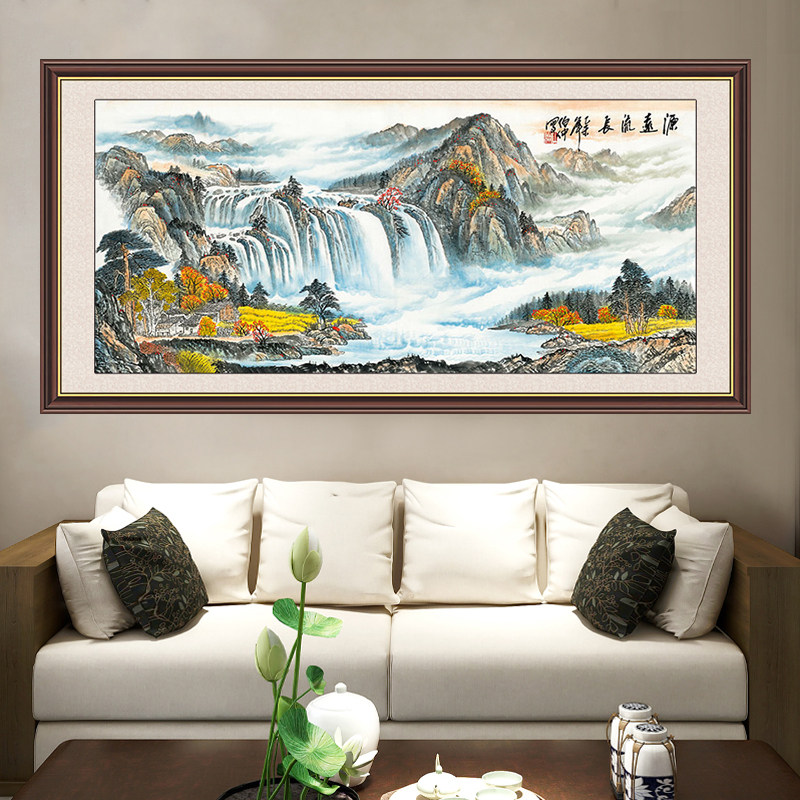 客厅装饰画山水画沙发背景聚宝盆风景画招财国画新款墙贴自粘壁纸