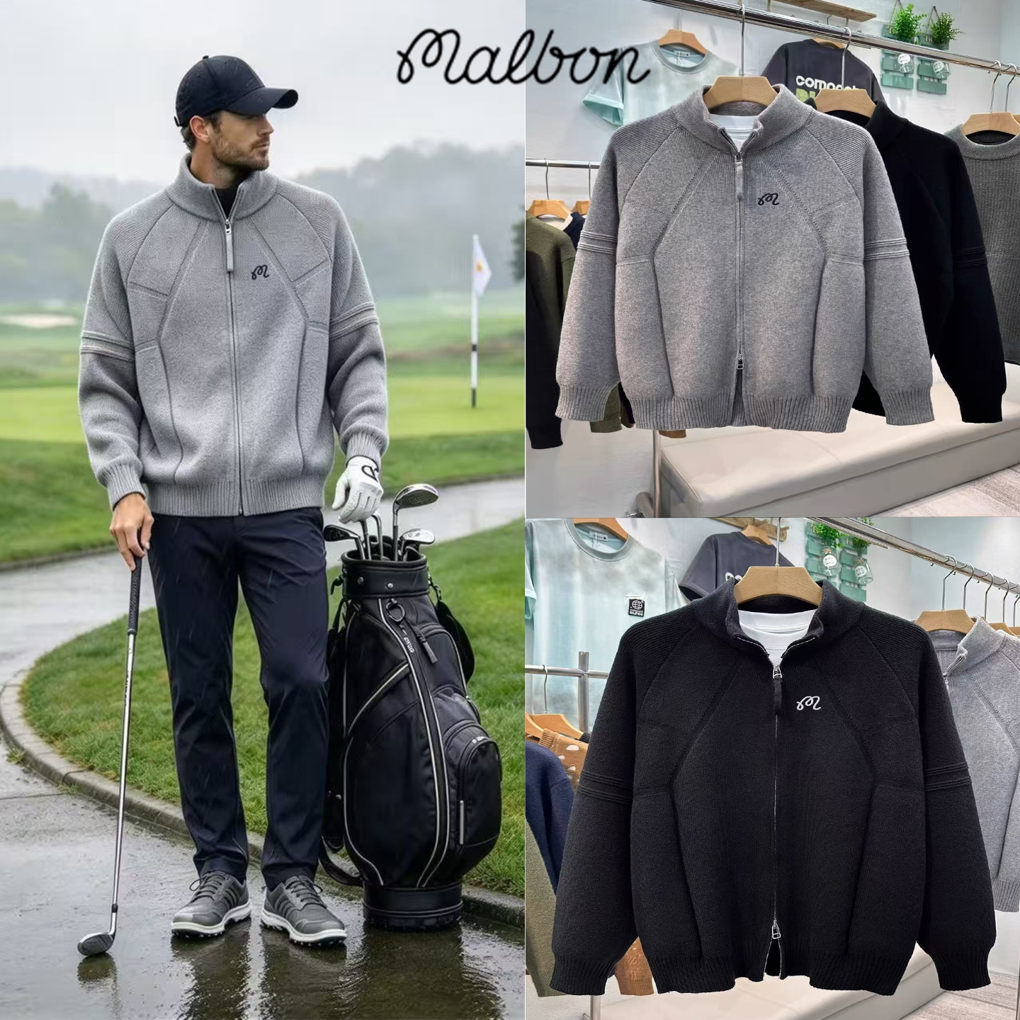 MALBON立领拉链高尔夫针织开衫