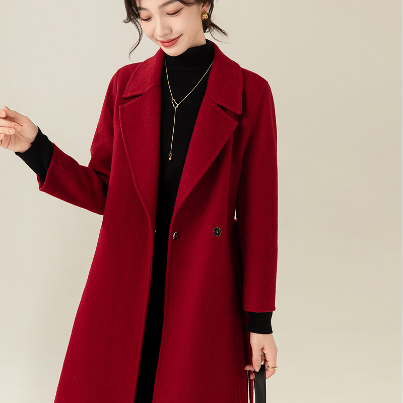 红色毛呢大衣女中长款2025新款冬季修身气质结婚双面羊绒呢子外套