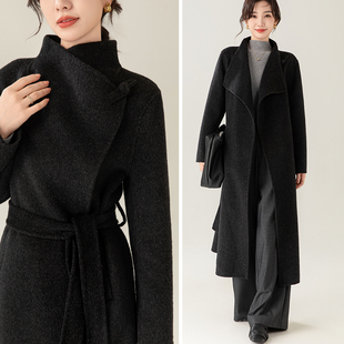碳黑色双面羊绒大衣女2025年新款高级感秋冬加厚原创中式毛呢外套