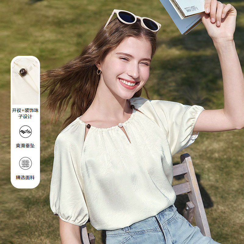 betu百图高级感法式钉珠衬衫女2026年夏季新款仿真丝泡泡袖衬衣
