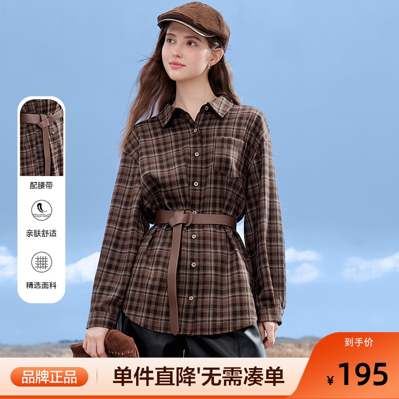 betu百图复古英伦风格子衬衫女长袖2025年秋季新款咖啡色格仔衫