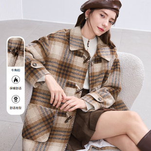 betu百图英伦风牛角扣毛呢外套女2025年冬季新款中长款呢子大衣