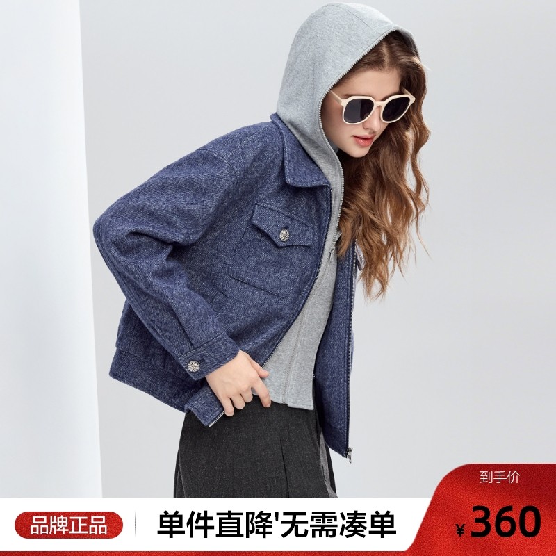 betu百图撞色假两件连帽短款外套女2025年冬季新款羊毛拉链夹克