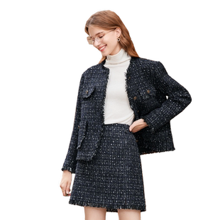 betu百图女装2025年秋冬新款复古黑色粗花呢小香风短款外套上衣