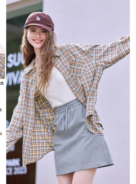 betu百图英伦风橙色格子衬衫女2026年秋季新款长袖气质衬衣外套