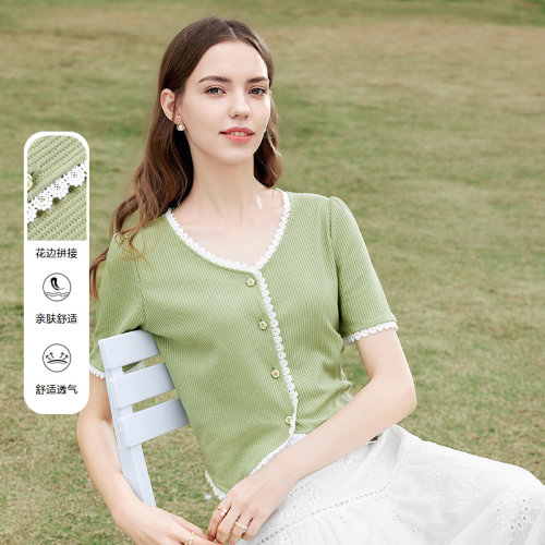 betu百图女装2026年夏季新款法式浪漫花边拼接V领短袖T恤上衣