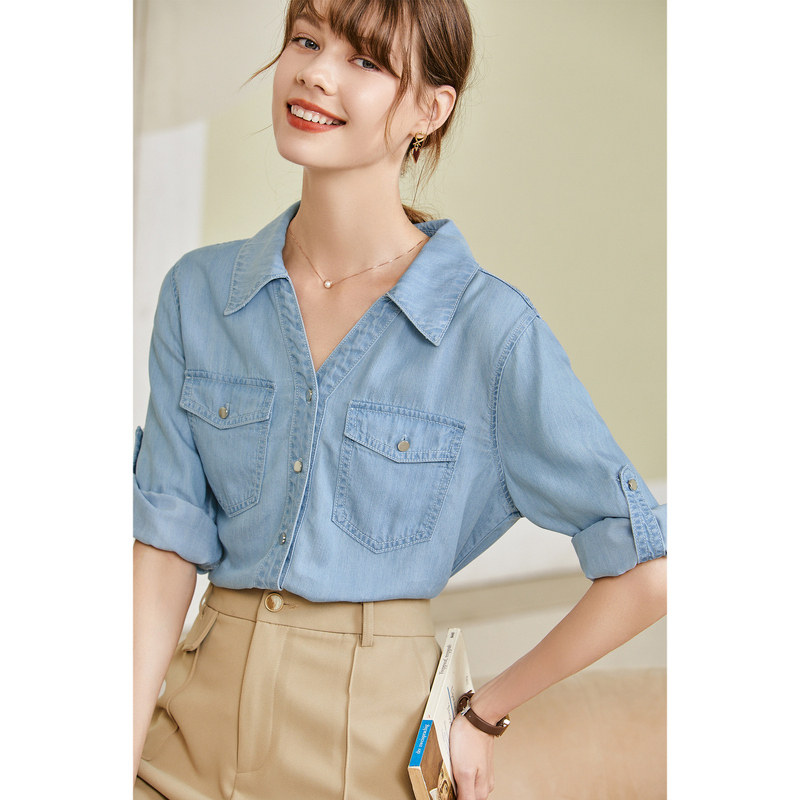 betu百图七分袖牛仔衬衫女气质通勤设计感小众上衣2026年夏季新款