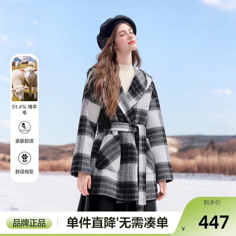 betu百图黑白格羊毛双面呢外套女2025年冬季新款中长款呢子大衣