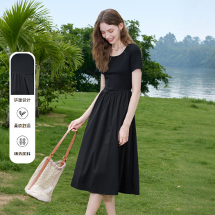 betu百图黑色拼接连衣裙女中长裙2026年夏季新款短袖气质小黑裙