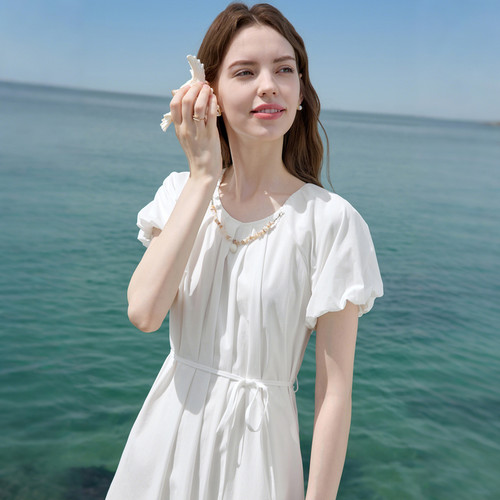 betu百图白色泡泡袖气质连衣裙女2026年夏季新款白月光初恋裙子