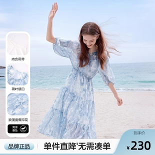 新款 betu百图度假风海边印花连衣裙女2025年夏季 飘逸垂感雪纺裙