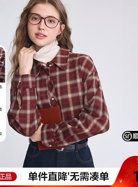 betu百图氛围感红色磨毛格子衬衫女2025年冬季新款洋气减龄衬衣