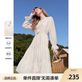 新款 betu百图流苏系带花边V领连衣裙女2025年春季 优雅气质裙子