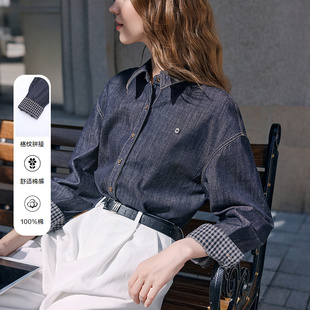 新款 2026年春季 深蓝色衬衣外套 女长袖 betu百图复古撞色牛仔衬衫